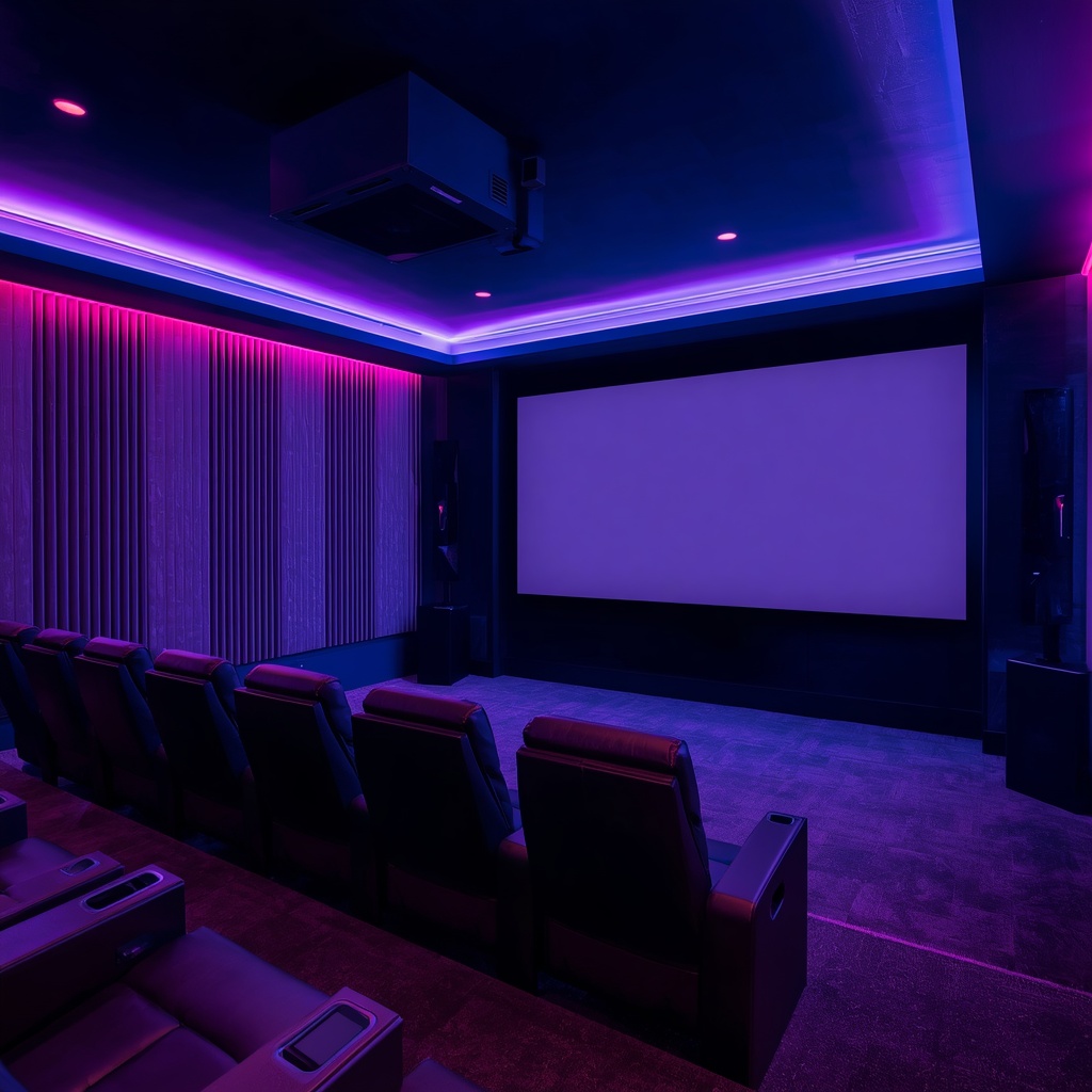 A high-tech home theater room with acoustic paneling, ambient purple and blue lighting, a massive borderless screen, comfortable modern seating, premium audio speakers, luxury interior design, cinematic mood, no people